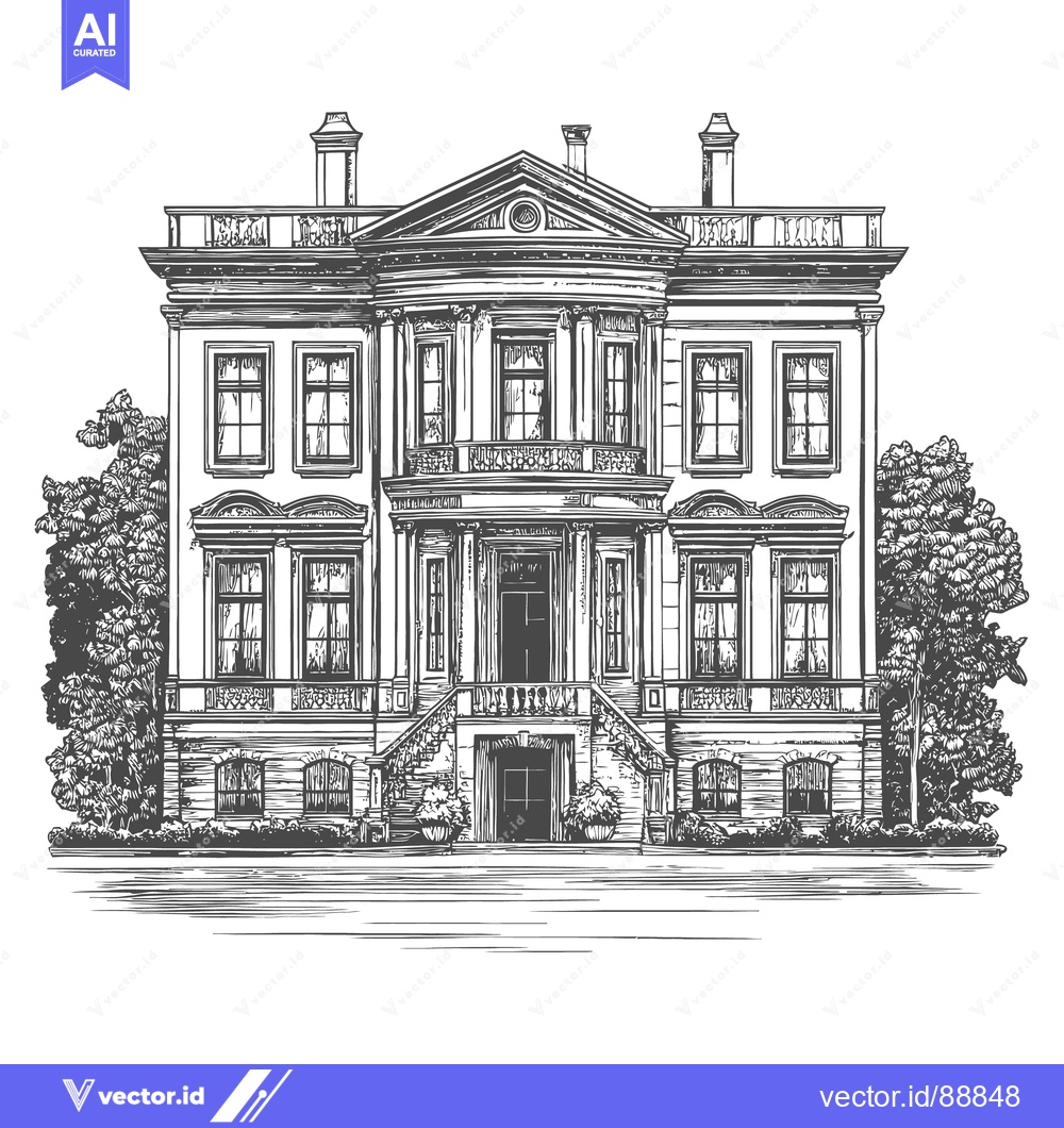 Premium Vector dari Elegant detailed architectural illustration depicts a classic mansion