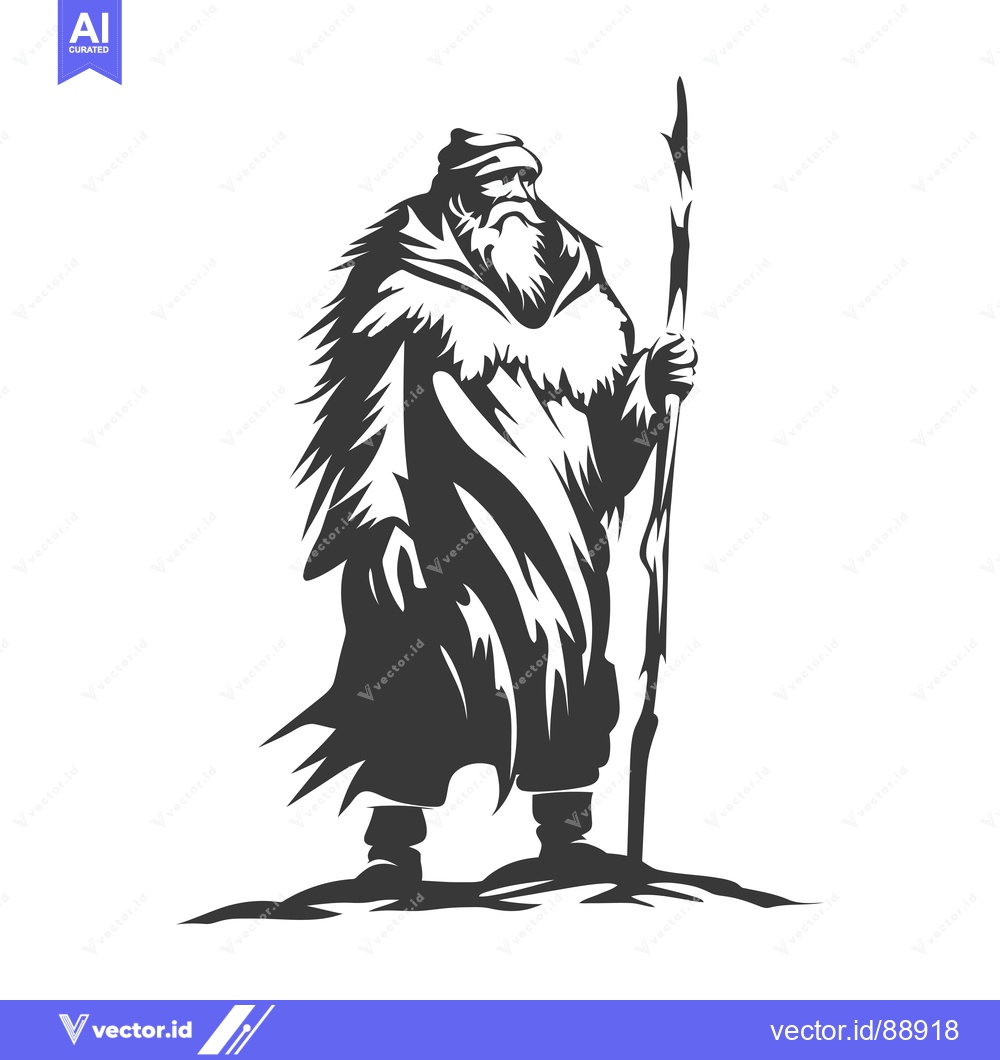 Premium Vector of Old Man in Fur Robe with Stick
