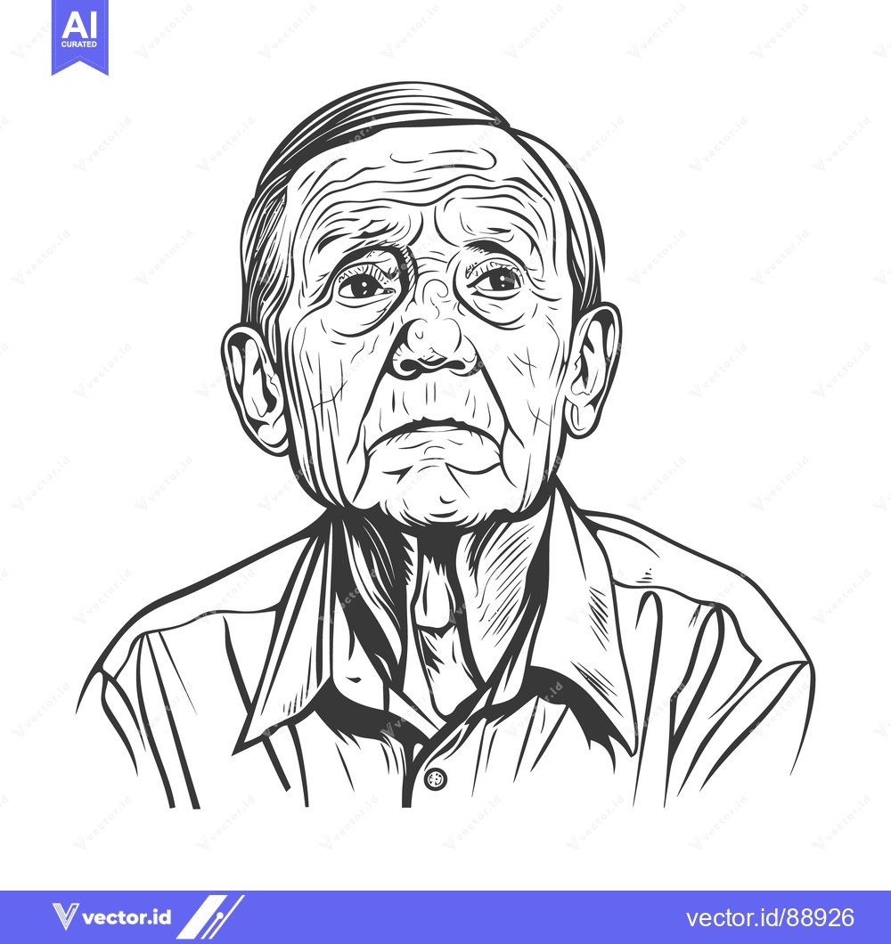 Premium Vector of A detailed black and white line art illustration of an elderly man