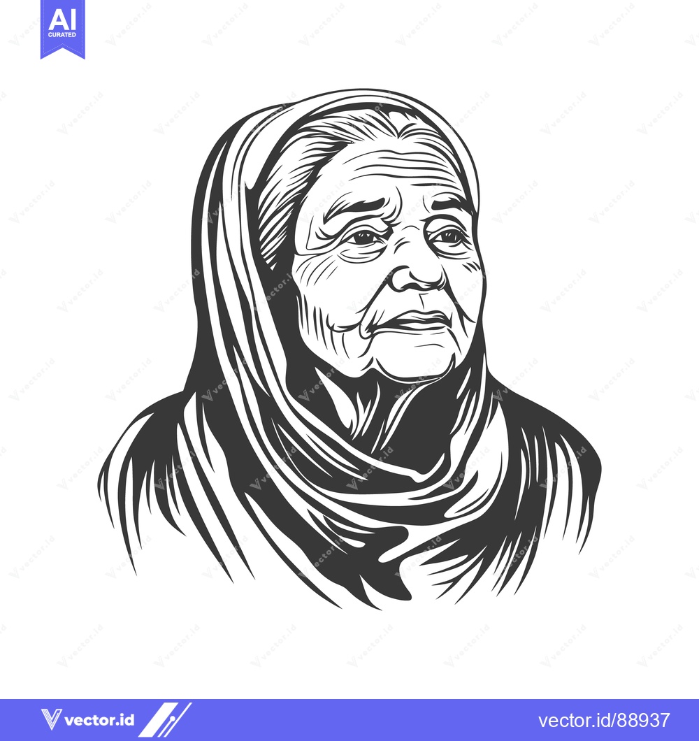 Premium Vector dari An aged woman with a head covering in black and white