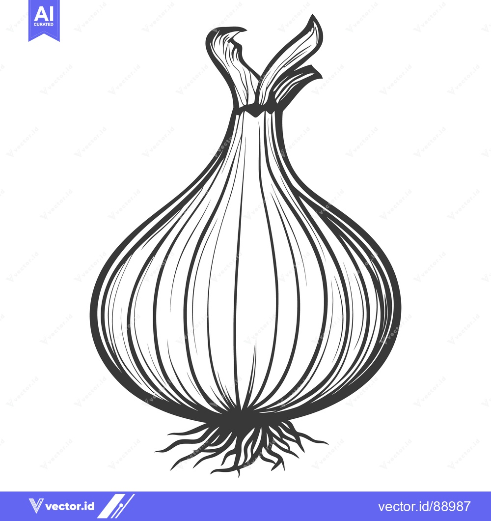 Premium Vector dari An illustrated onion bulb with roots and green leafy shoots