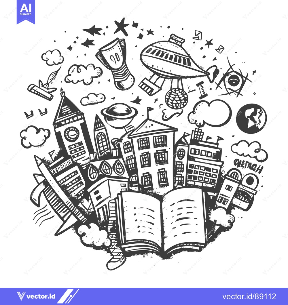 Premium Vector of Open Book with Cityscape and Flying Objects Surrounding It
