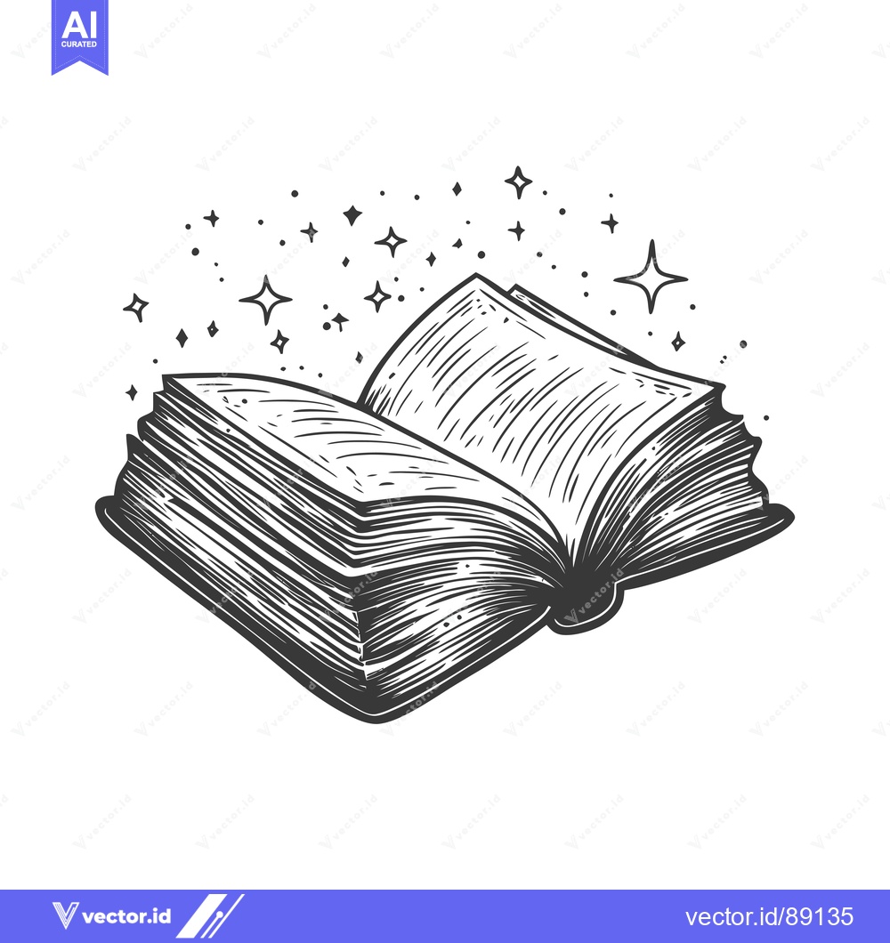Premium Vector of Open book with magic sparkles in black and white sketch style