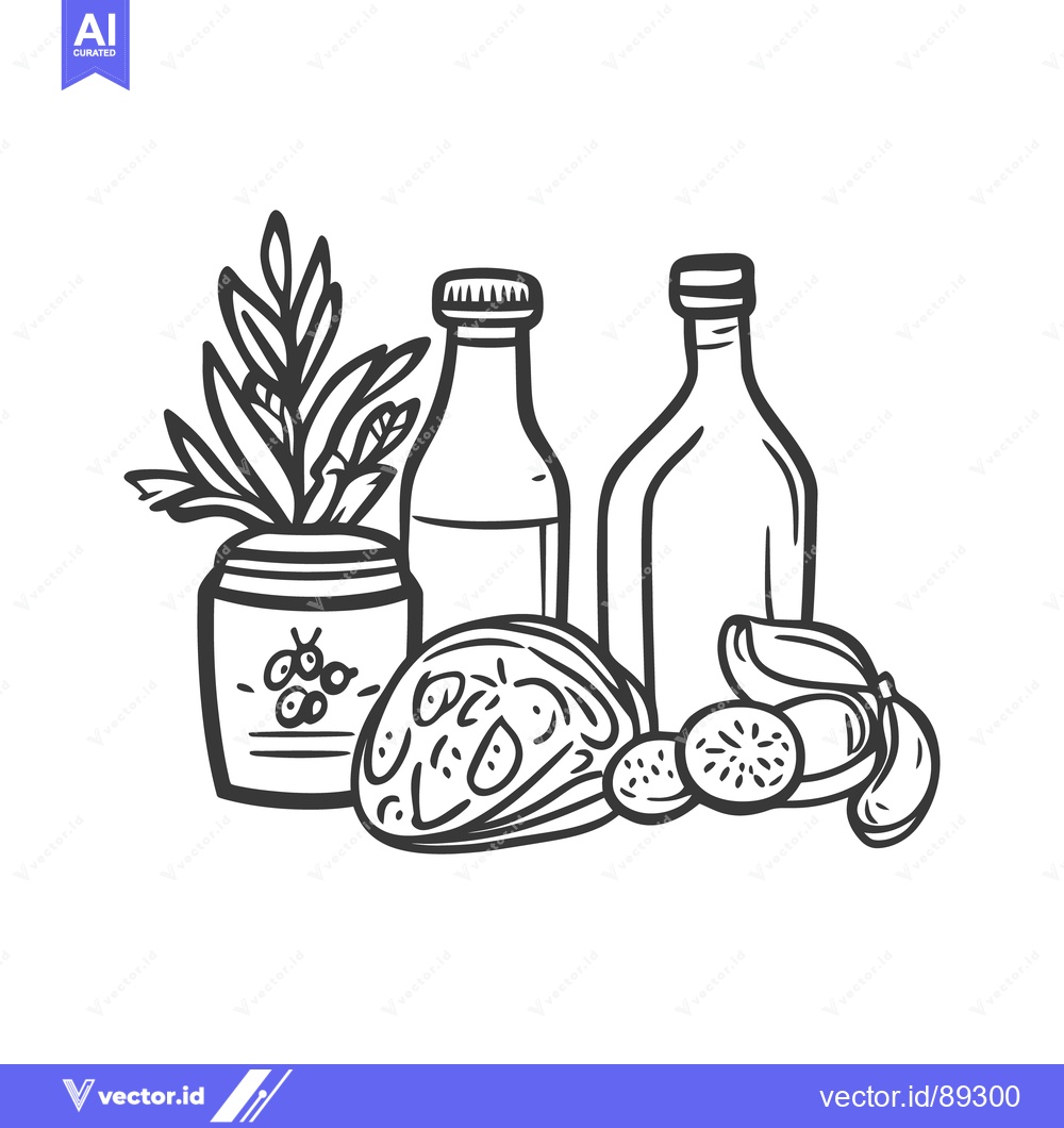 Premium Vector dari An illustration featuring food ingredients and containers in monochrom