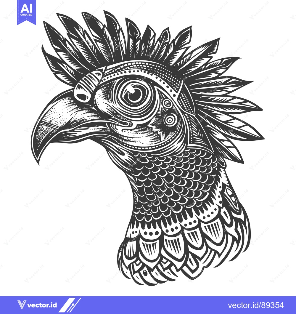 Premium Vector of Ornamental Black and White Bird Head with Feathers