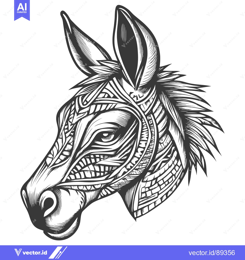 Premium Vector of Ornamental Black and White Donkey Head Illustration