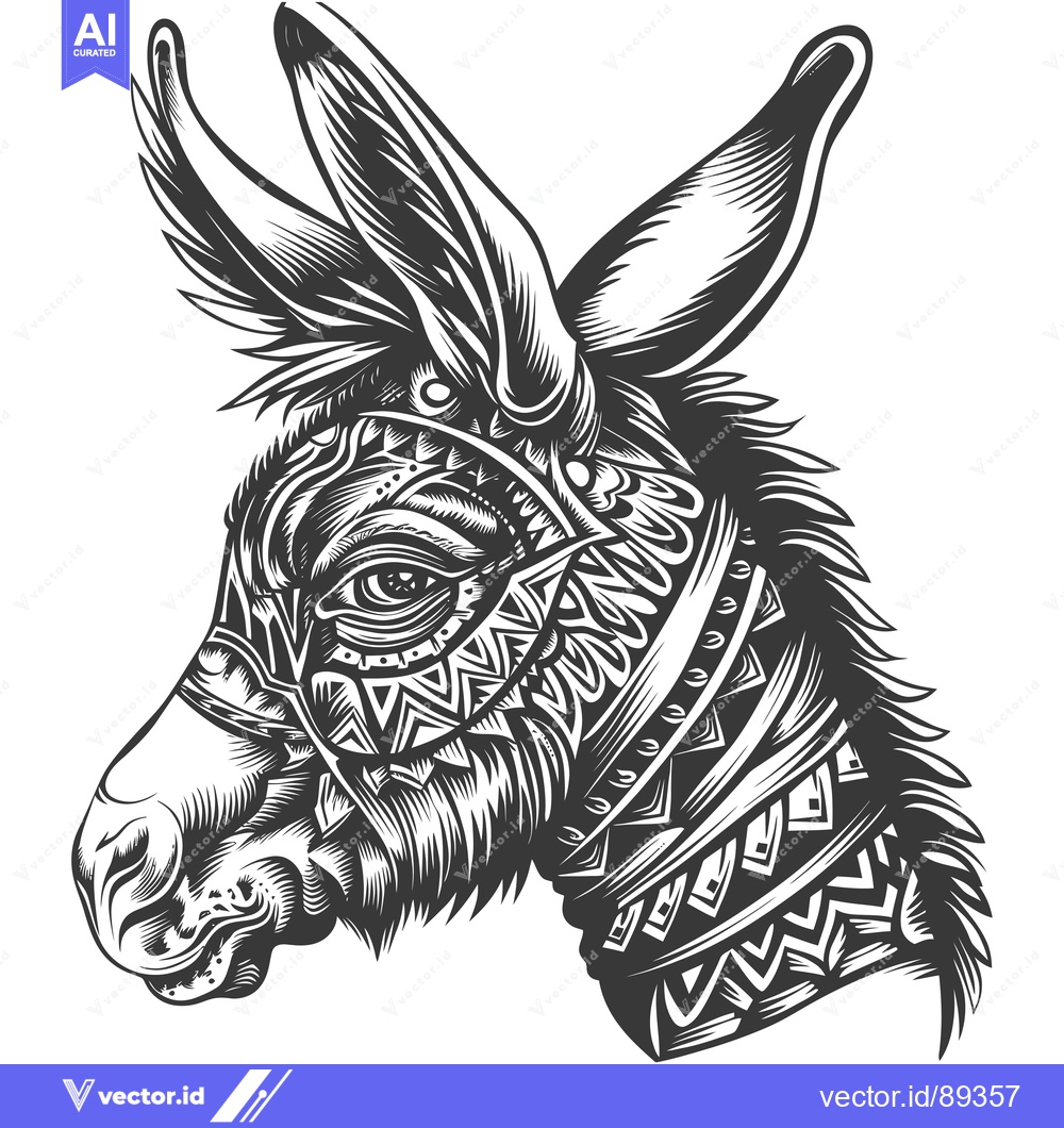 Premium Vector of Ornamental Black and White Donkey Head Illustration