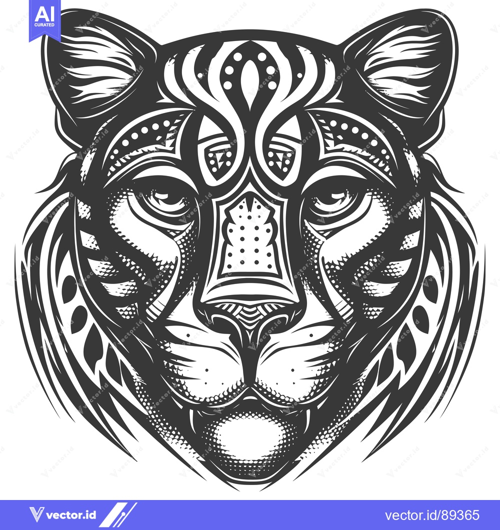 Premium Vector of Ornamental Black and White Illustration of a Cougar Head