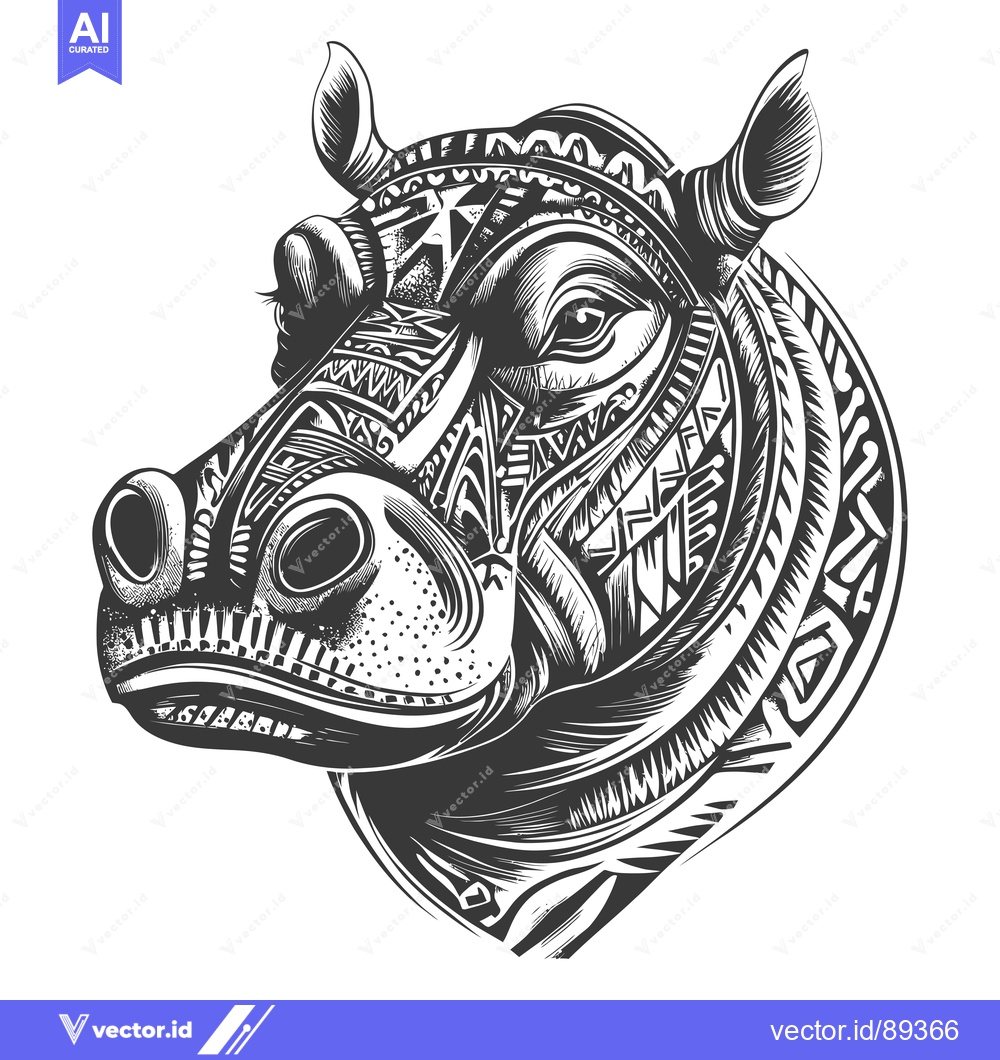 Premium Vector dari Ornamental Black and White Illustration of a Hippopotamus Head