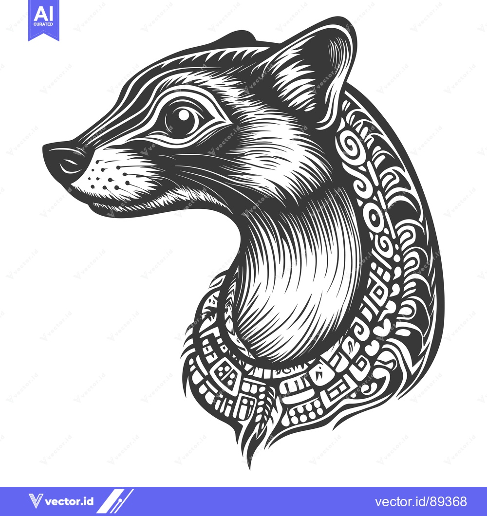 Premium Vector of Ornamental Black and White Illustration of a Raccoon's Head