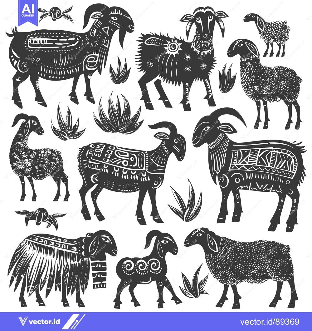 Premium Vector of Ornamental Black And White Sheep And Goats
