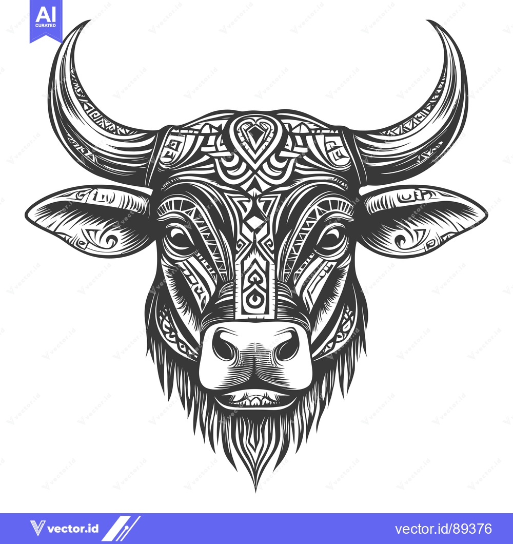 Premium Vector of Ornamental Bull Head with Horns and Tribal Patterns