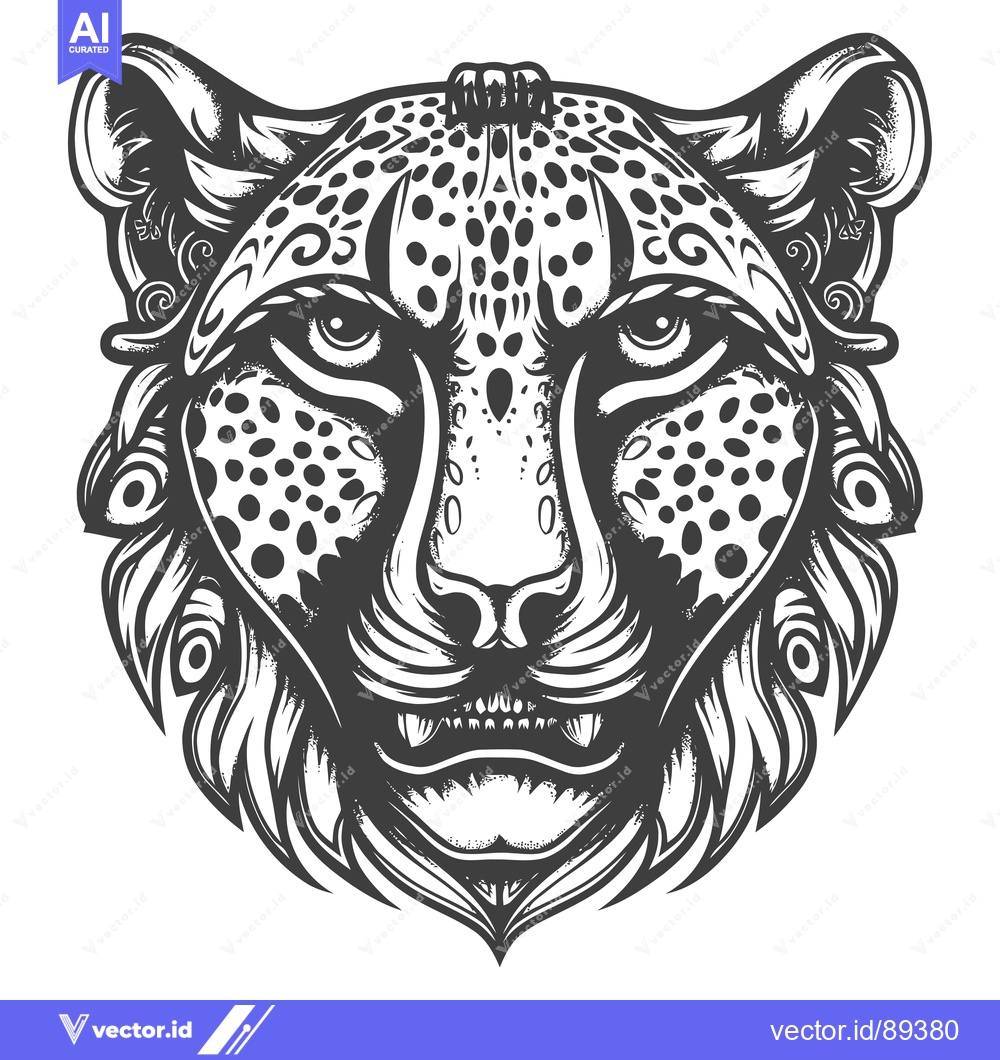 Premium Vector dari Ornamental Cheetah Head with Spots and Feathers