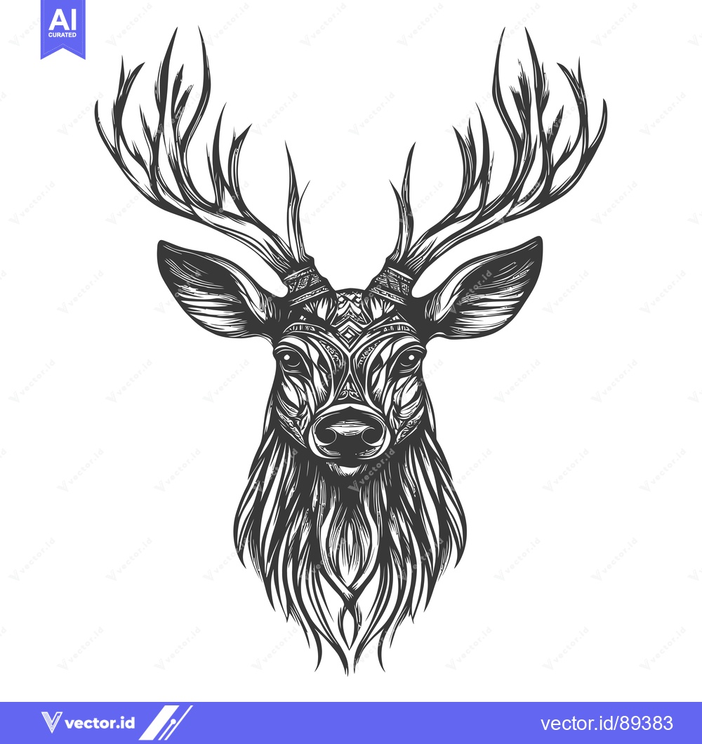 Premium Vector dari Ornamental Deer Head with Detailed Antlers and Geometric Pattern