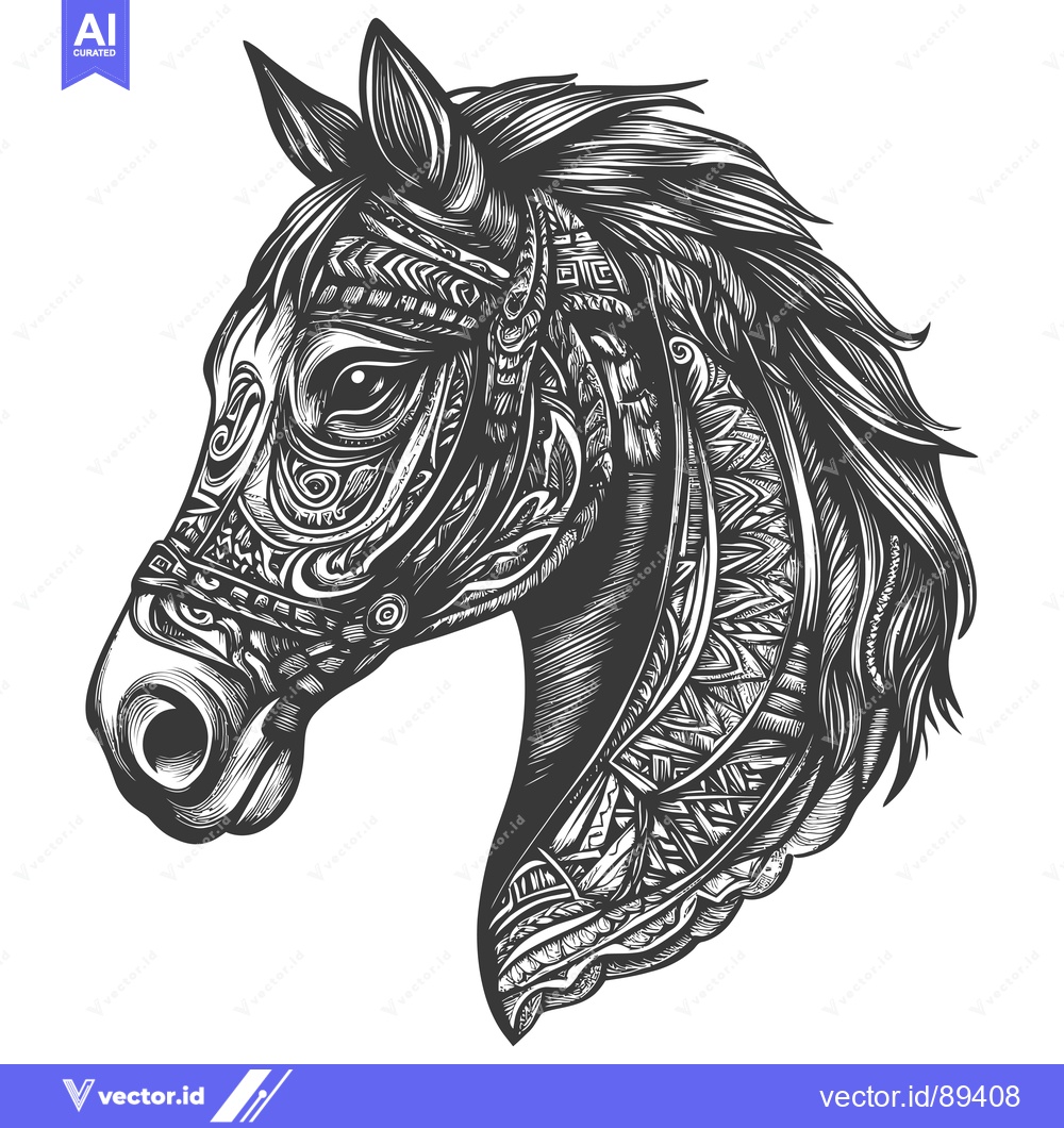 Premium Vector dari Ornamental Horse Head Illustration in Black and White
