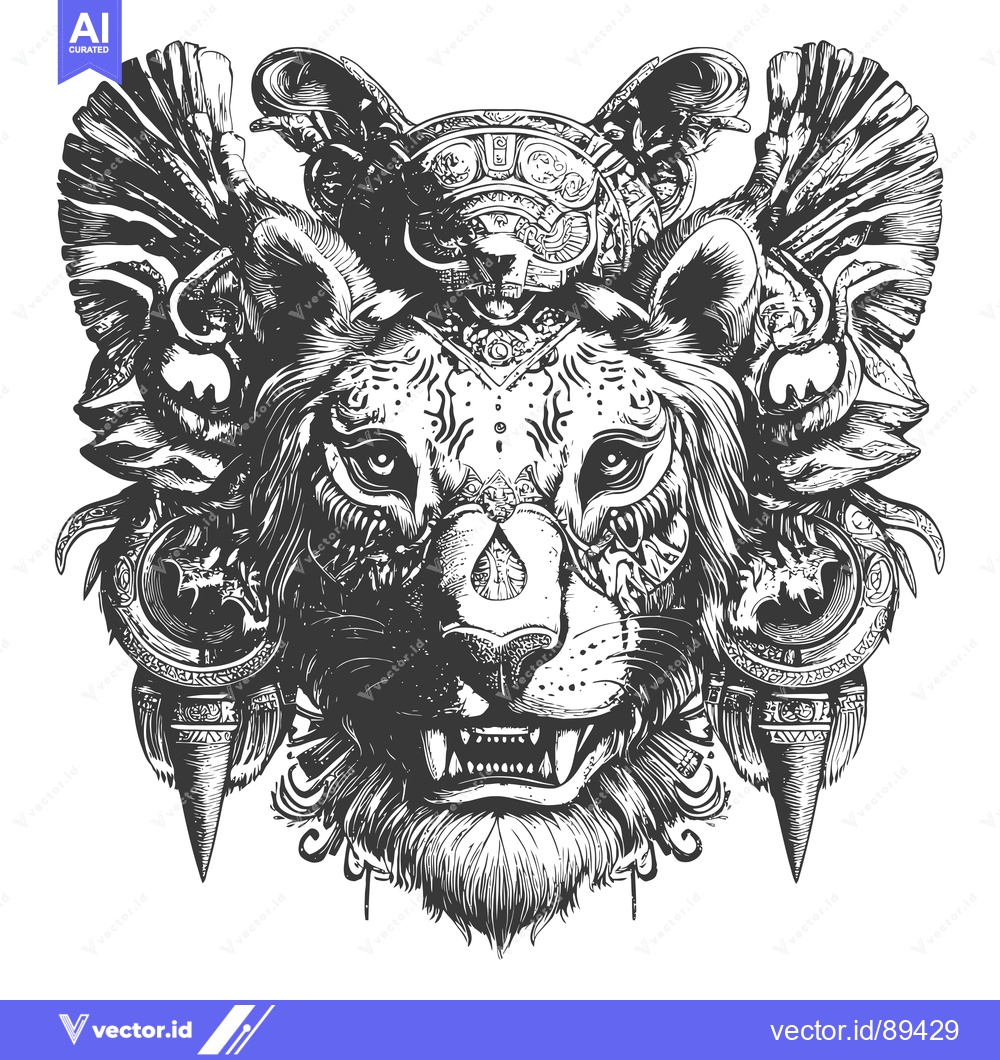 Premium Vector dari Ornamental Lion Head with Intricate Detailing and a Roaring Expression