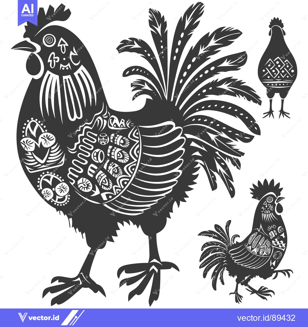 Premium Vector of Ornamental Rooster Silhouette with Decorative Feathers and Patterns