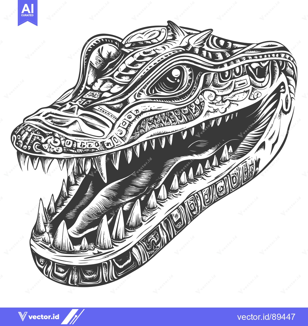 Premium Vector dari Ornate Alligator Head with Open Mouth and Sharp Teeth