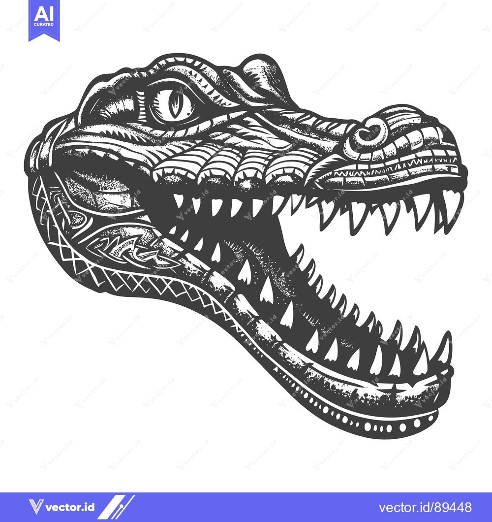 Premium Vector dari Ornate Alligator Head with Open Mouth and Sharp Teeth