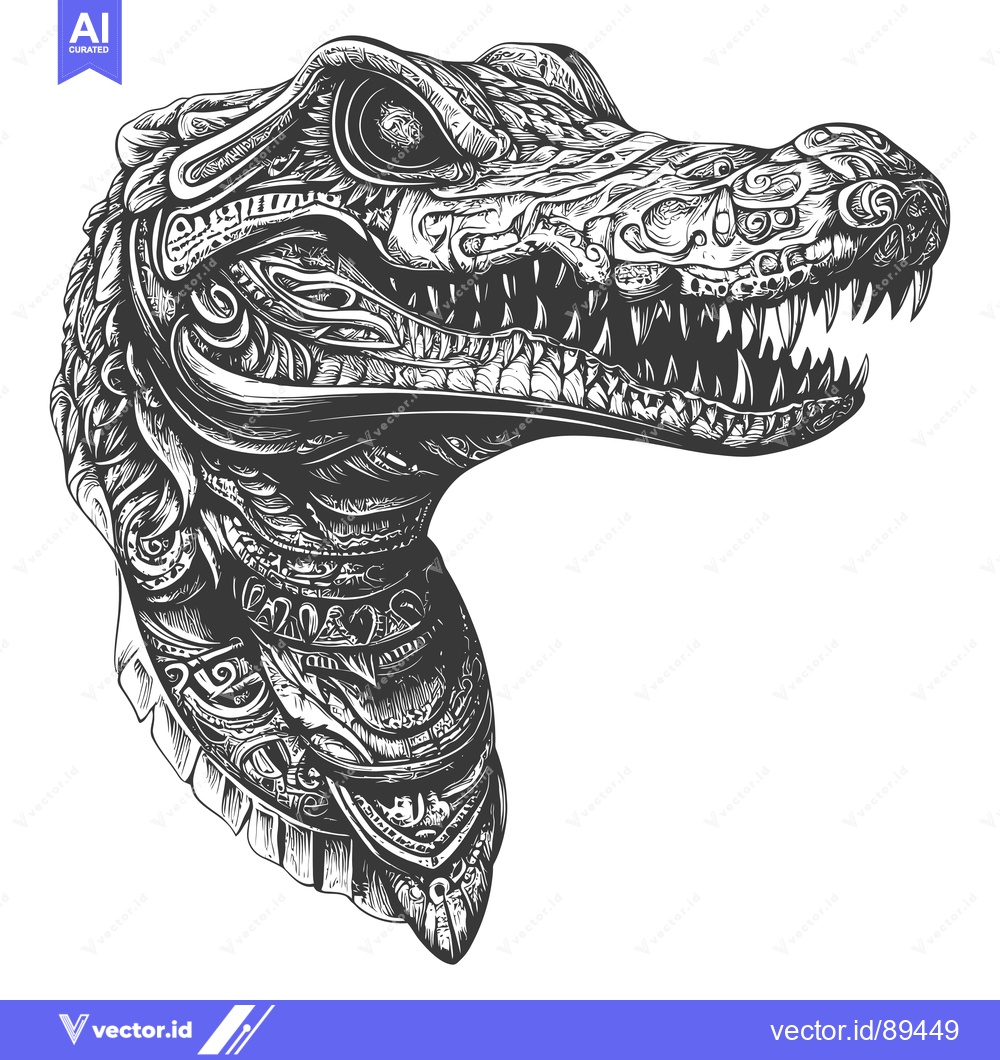 Premium Vector dari Ornate Alligator Head with Open Mouth and Sharp Teeth