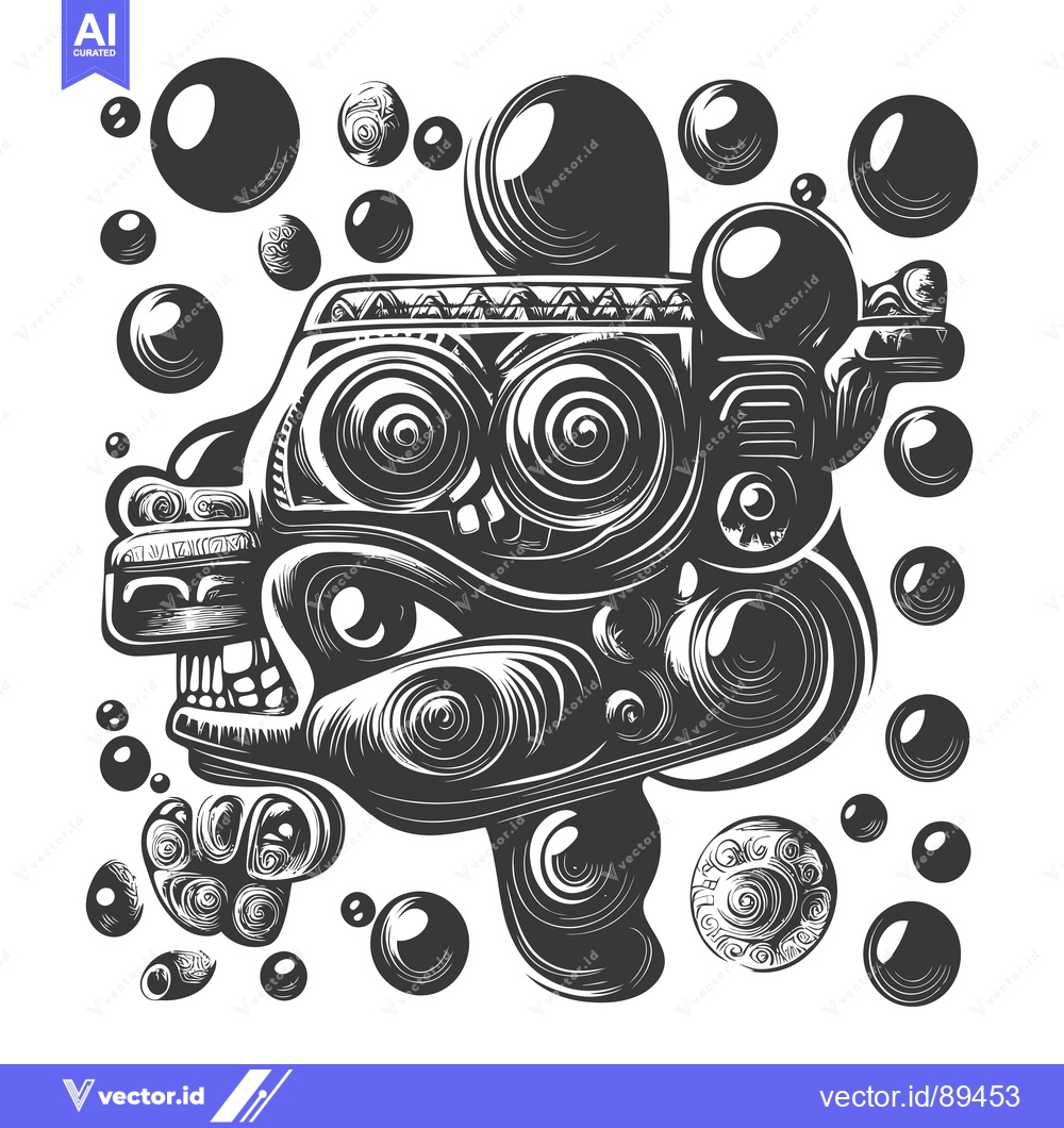 Premium Vector dari Ornate Ancient Mayan-Style Deity Mask with Bubbles