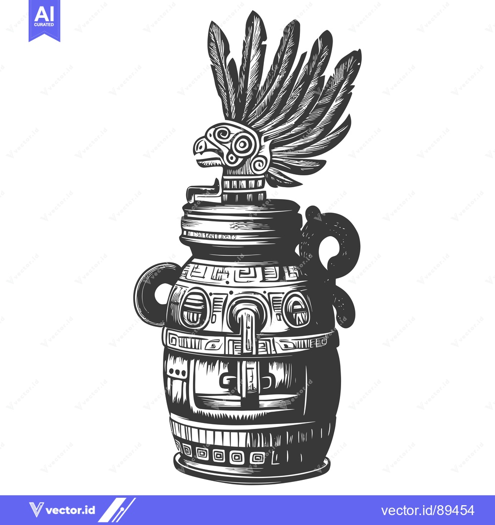 Premium Vector of Ornate Ancient Vessel with Feathered Bird Head Ornament