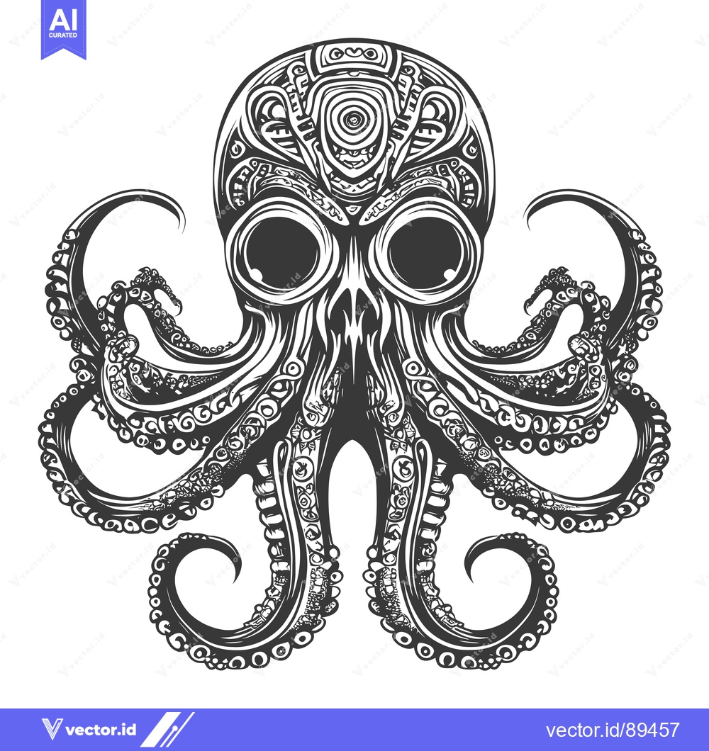 Premium Vector of Ornate and Detailed Black and White Illustration of an Octopus