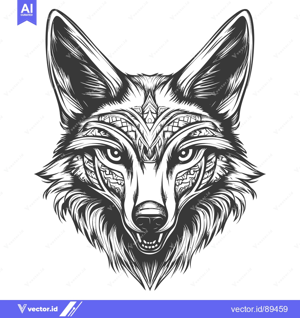 Premium Vector dari Ornate and Detailed Black and White Illustration of a Wolf's Face