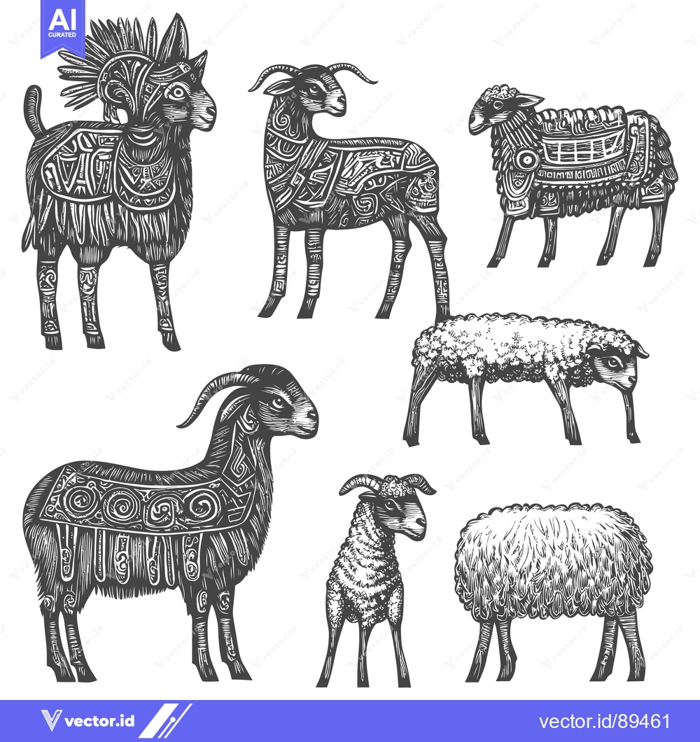 Premium Vector dari Ornate and Plain Sheep and Goats in Black and White Woodcut Style
