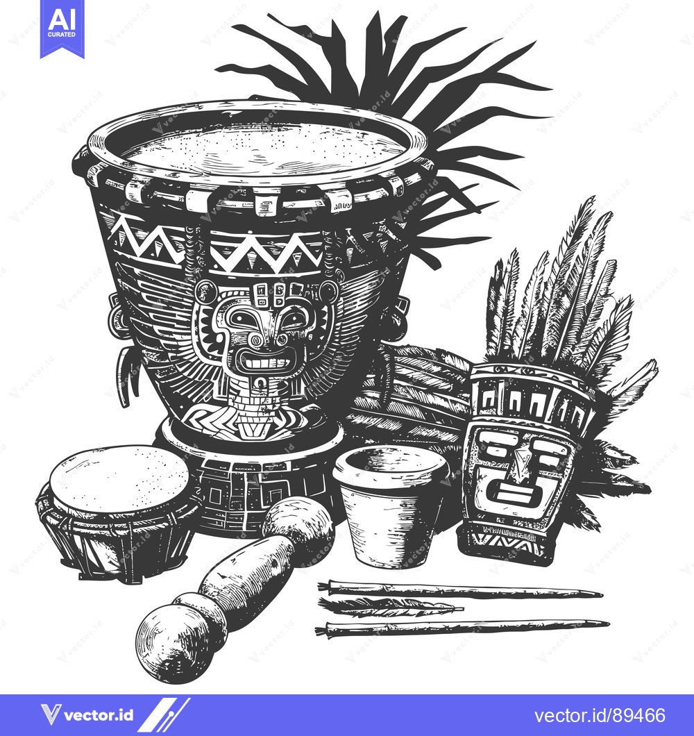 Premium Vector dari Ornate Aztec Ceremonial Drums, Mask, and Utensils
