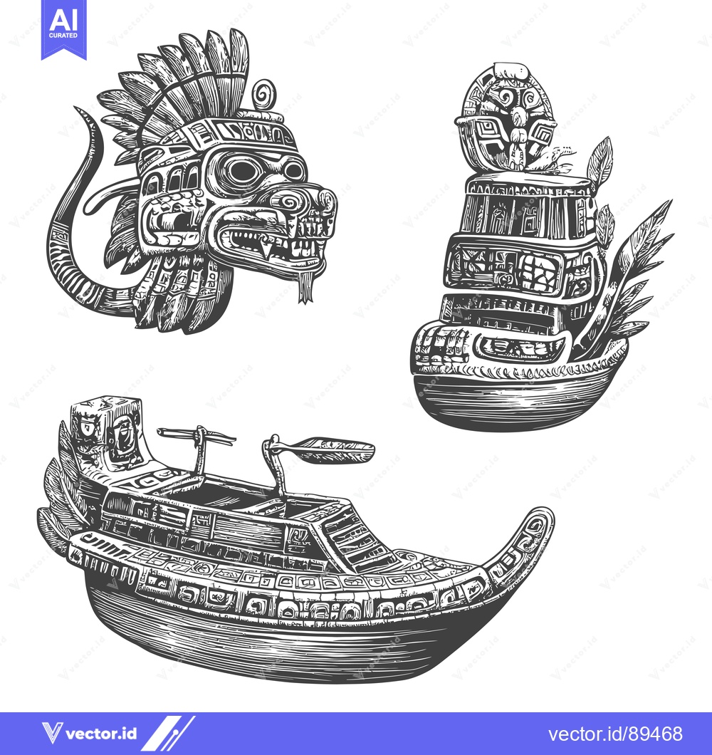 Premium Vector dari Ornate Aztec Designs: A Head, Boat, and Building Illustration