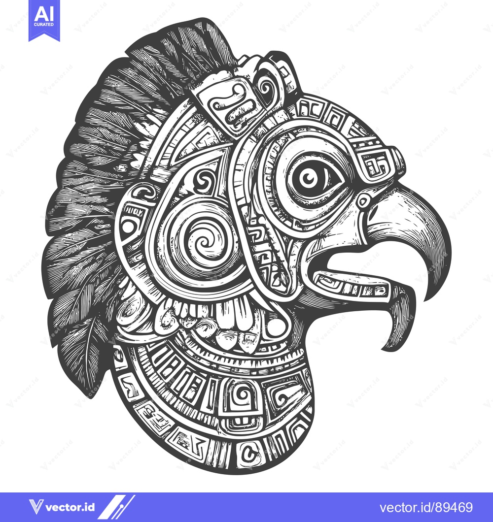 Premium Vector dari Ornate Aztec Eagle Head with Feathered Crest