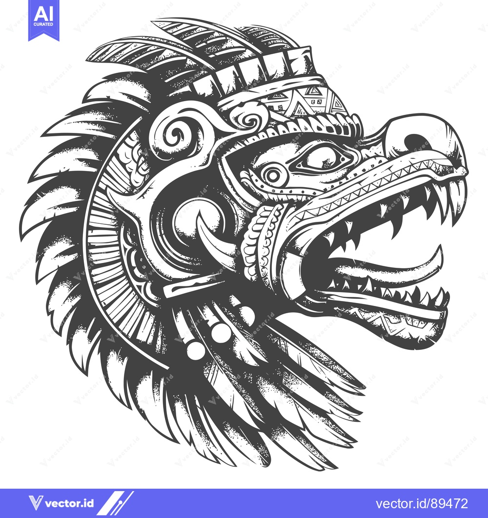 Premium Vector of Ornate Aztec-Inspired Feathered Dragon Head with Fangs