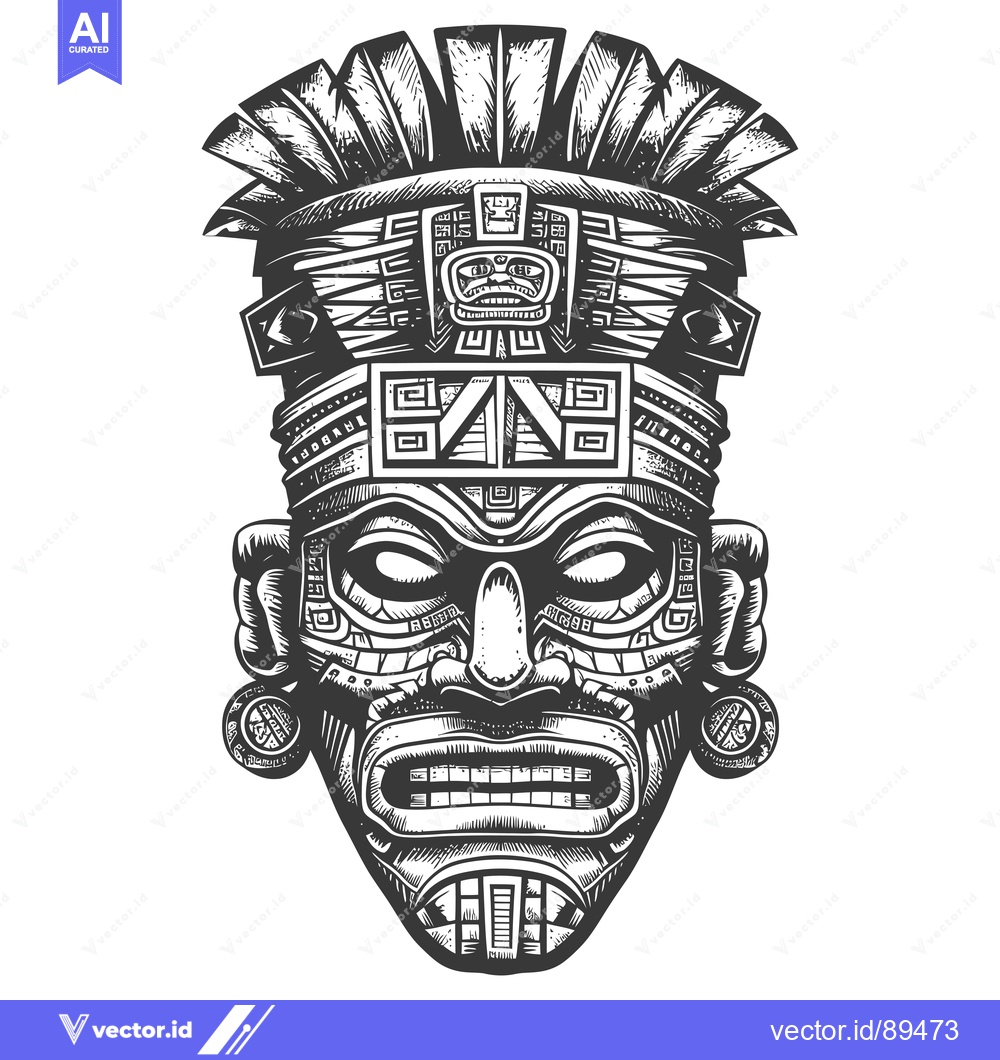 Premium Vector dari Ornate Aztec Mask with Feathered Headdress