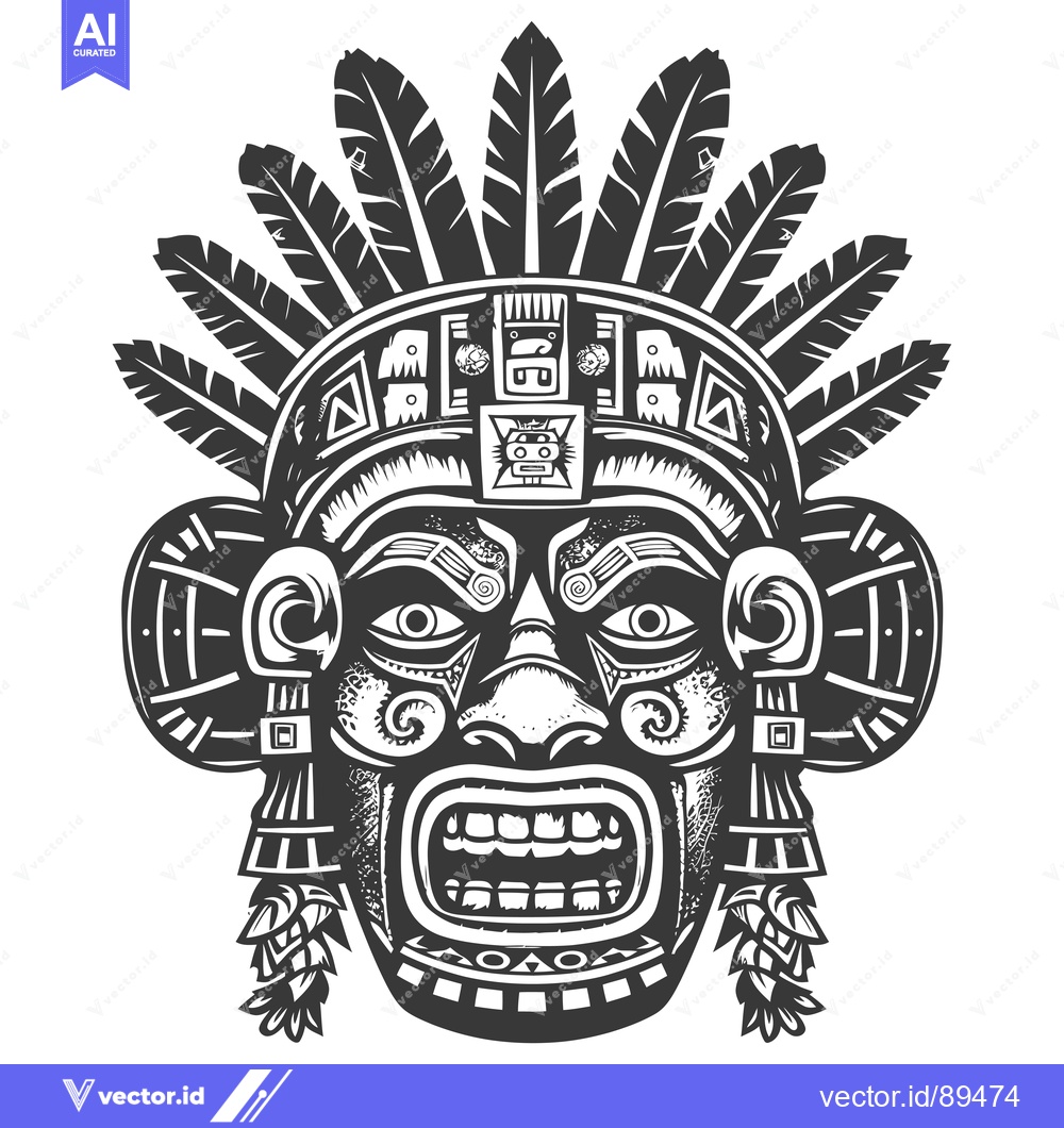 Premium Vector of Ornate Aztec Mask with Feathers and Geometric Patterns