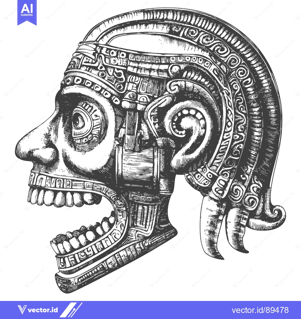 Premium Vector dari Ornate Aztec Skull with Detailed Carvings and Open Mouth