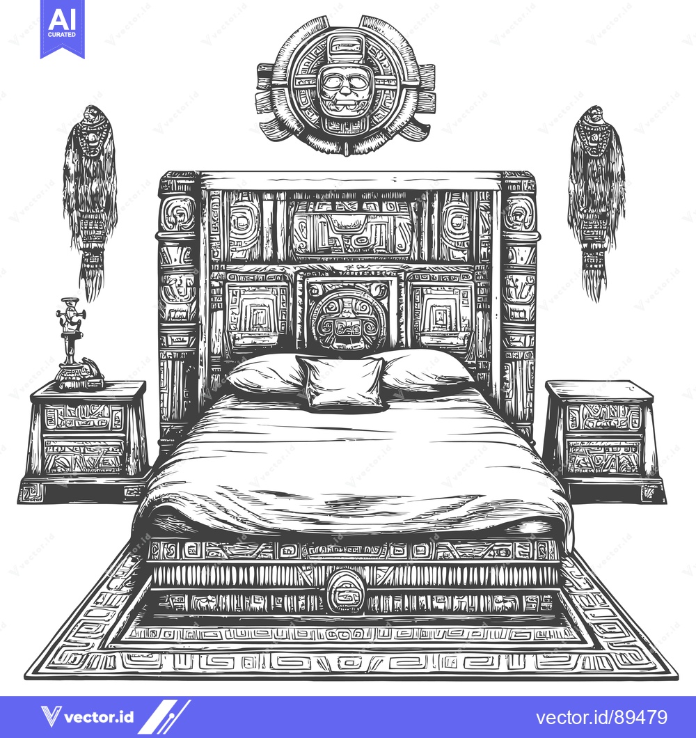 Premium Vector dari Ornate Aztec-Style Bed with Carved Headboard and Nightstands