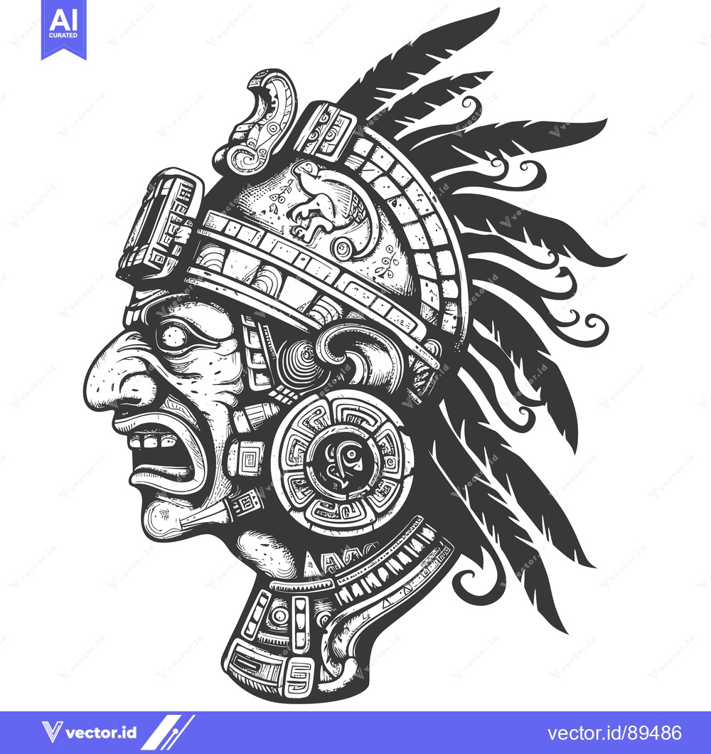 Premium Vector dari Ornate Aztec Warrior Head with Feathered Headdress