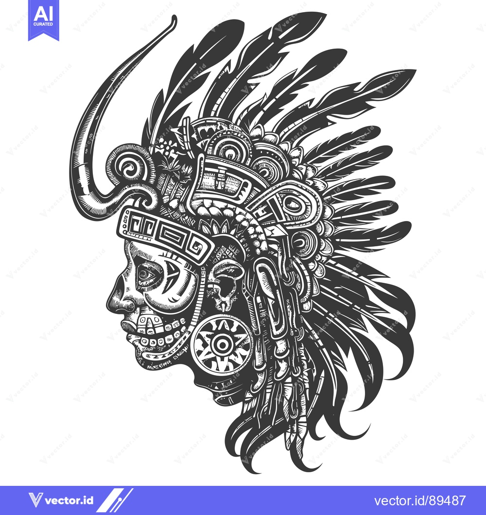 Premium Vector of Ornate Aztec Warrior Head with Feathers and Skull