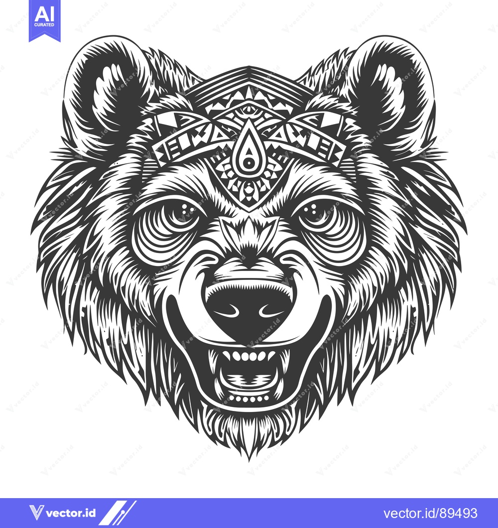 Premium Vector of Ornate Bear Head with Open Mouth and Tribal Headband