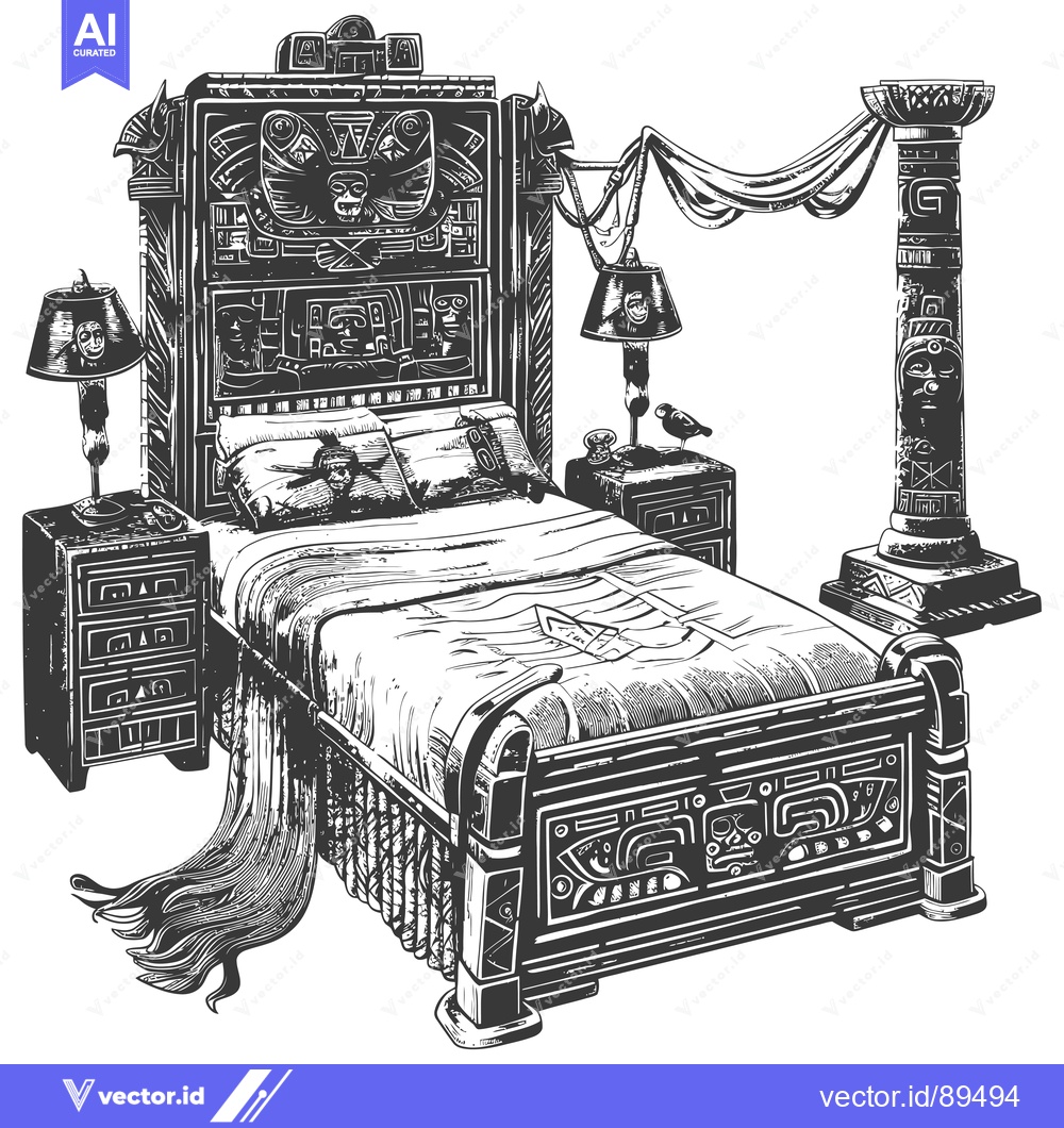 Premium Vector of Ornate Bed with Carved Details and Decorative Lamps