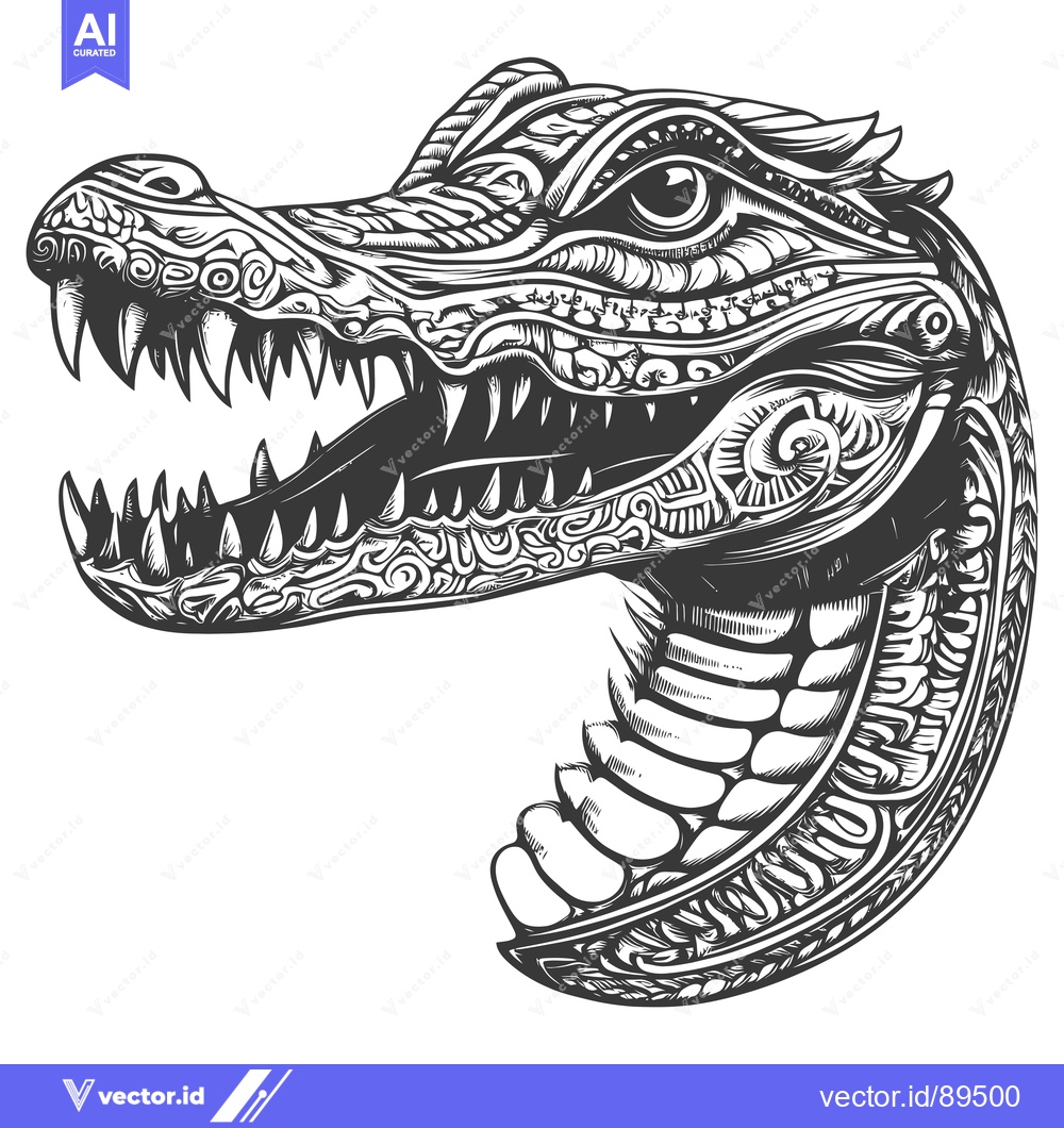 Premium Vector dari Ornate Black and White Alligator Head with Open Mouth