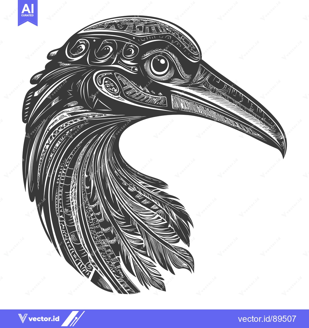 Premium Vector dari Ornate Black and White Bird Head with Detailed Feathers