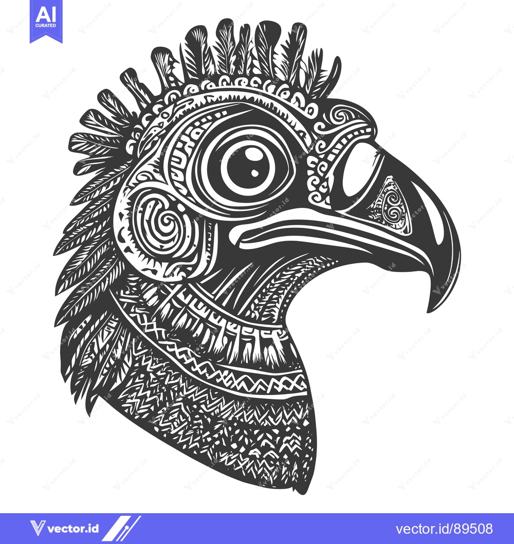Premium Vector of Ornate Black and White Bird Head with Feathers