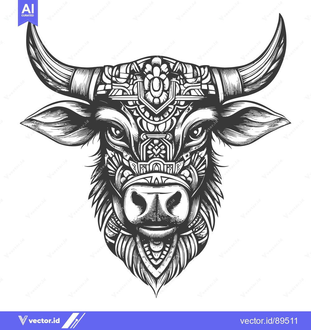 Premium Vector dari Ornate Black and White Bull Head Illustration