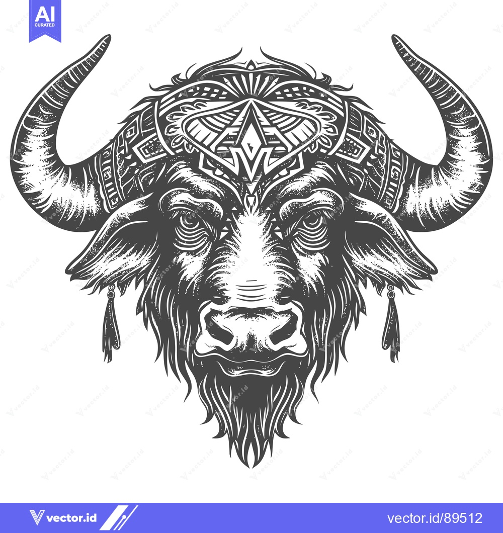 Premium Vector of Ornate Black and White Bull Head with Intricate Design