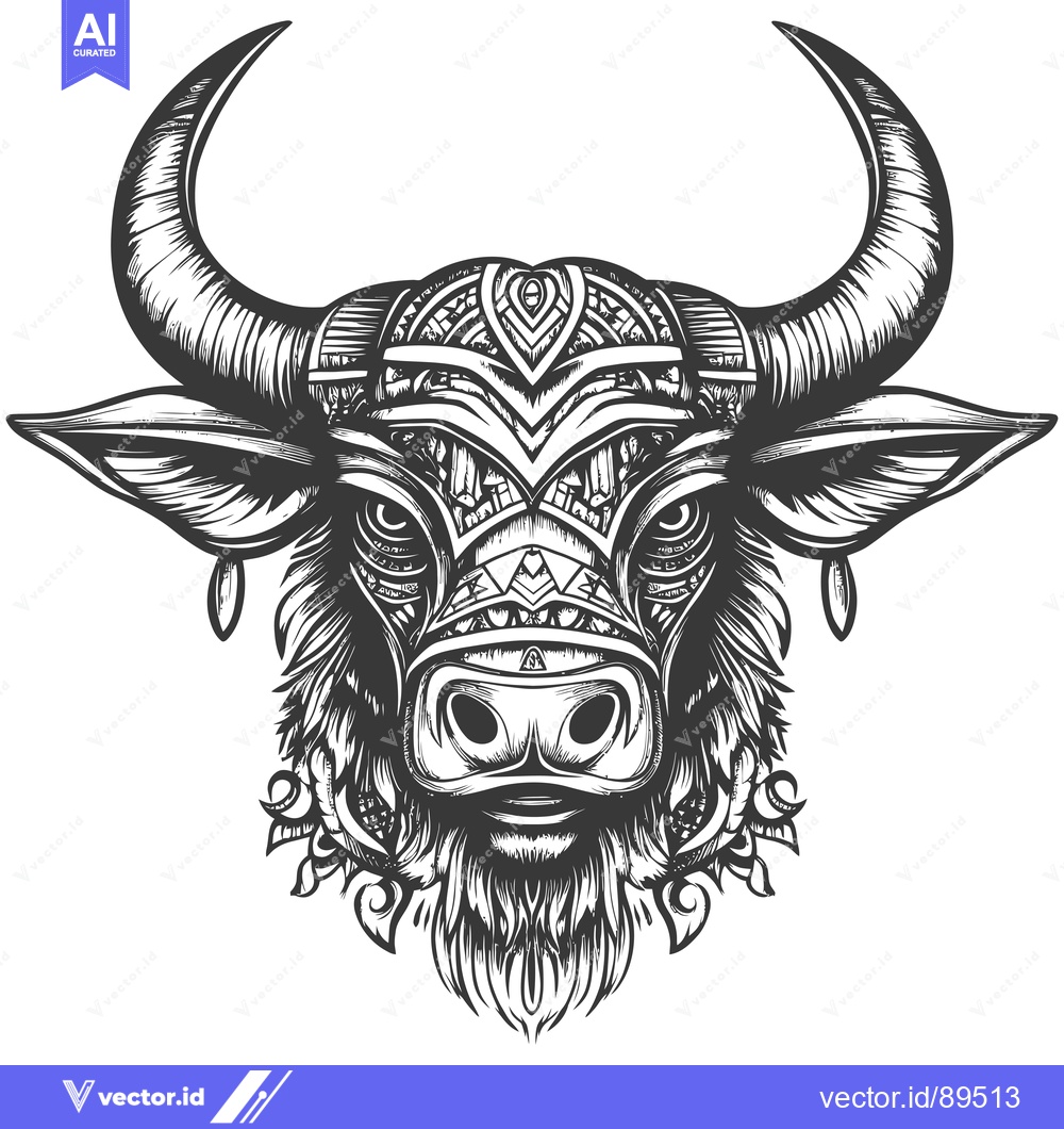 Premium Vector dari Ornate Black and White Bull Head with Tribal Design