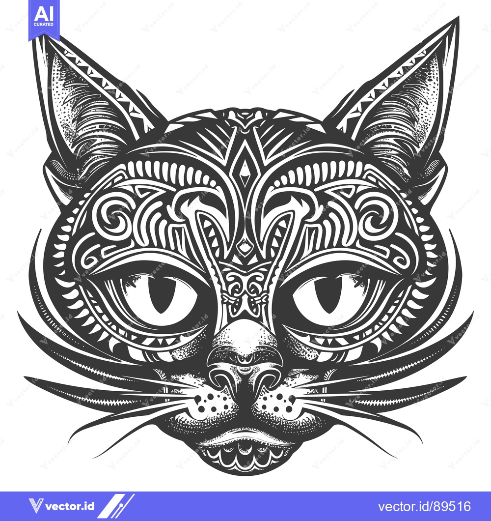 Premium Vector dari Ornate Black and White Cat Face Illustration