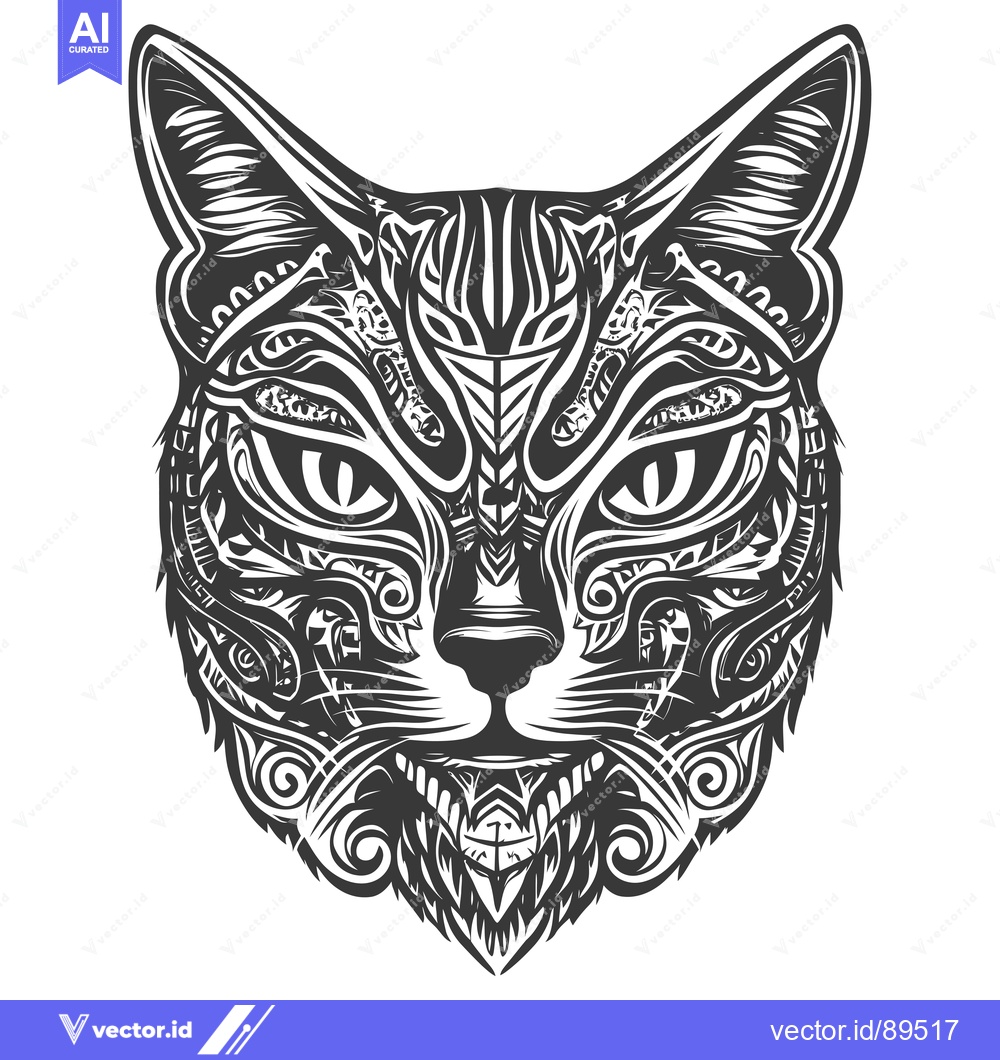 Premium Vector dari Ornate Black and White Cat Head Illustration