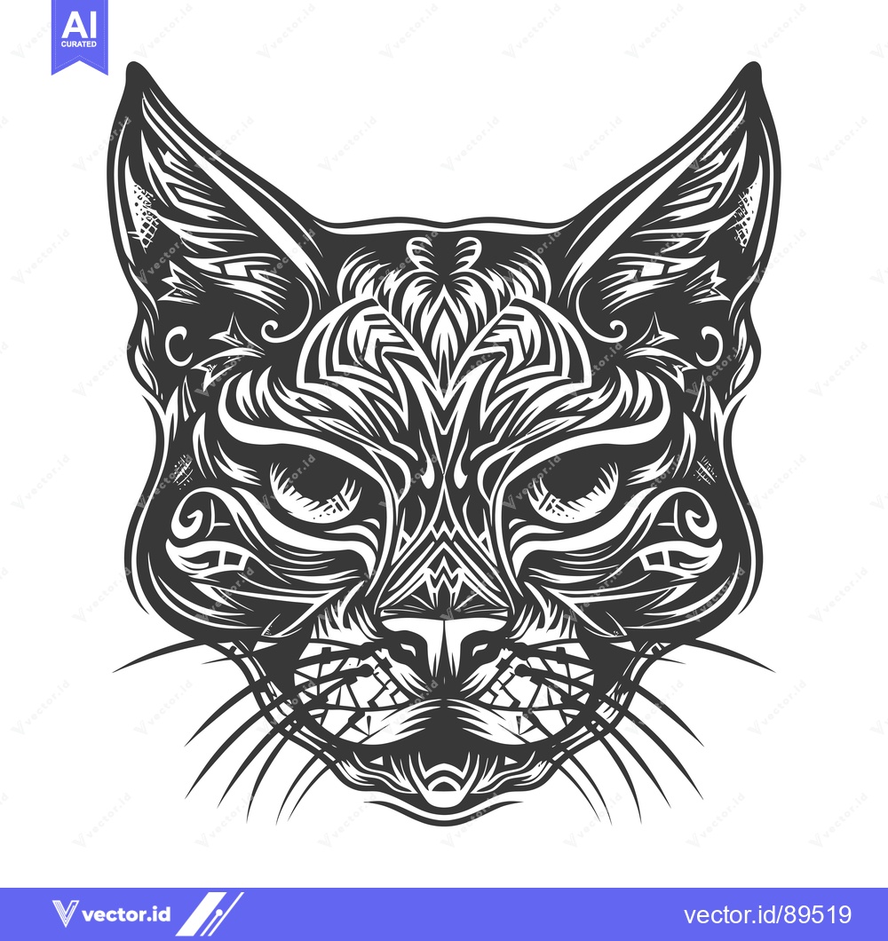Premium Vector dari Ornate Black and White Cat Head Illustration